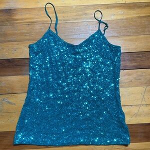 Express Sequin Spaghetti Straps Teal Stretch Camisole Top Party Sequins Size L